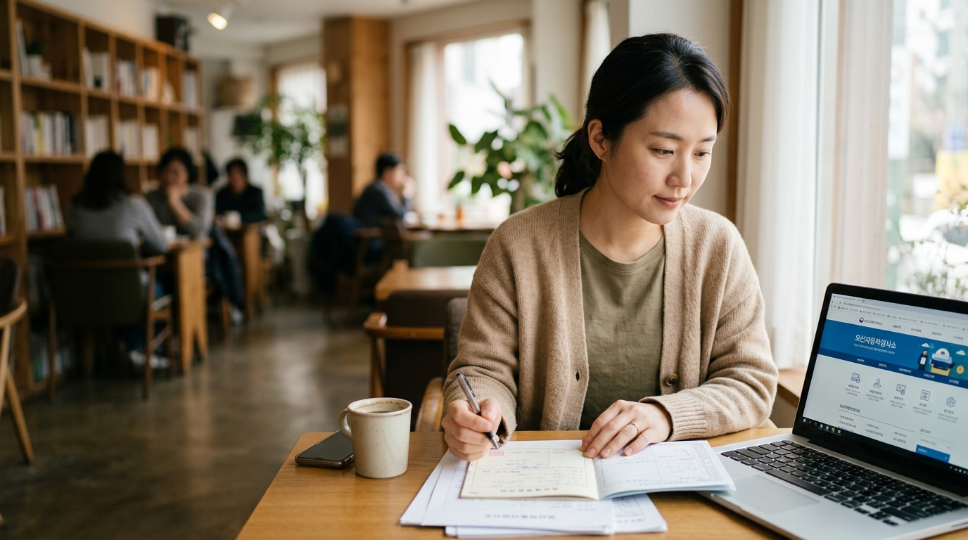 오산자동차검사소 검사 항목, 예약 방법 및 비용 안내 - A Korean woman in her 30s carefully checking her car's documents before heading to a car inspection center, bright daylight, realistic style photo