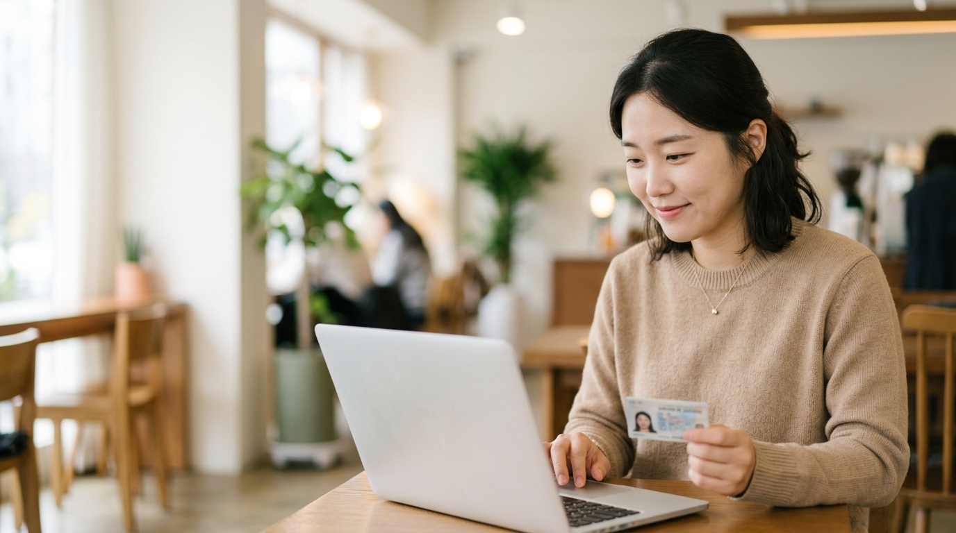 운전면허2종에서1종 변경 방법, 조건 및 비용 - 한국 여성 운전면허증 들고 미소 짓는 모습, 자동차 운전석, 자연광, 사실적인 사진