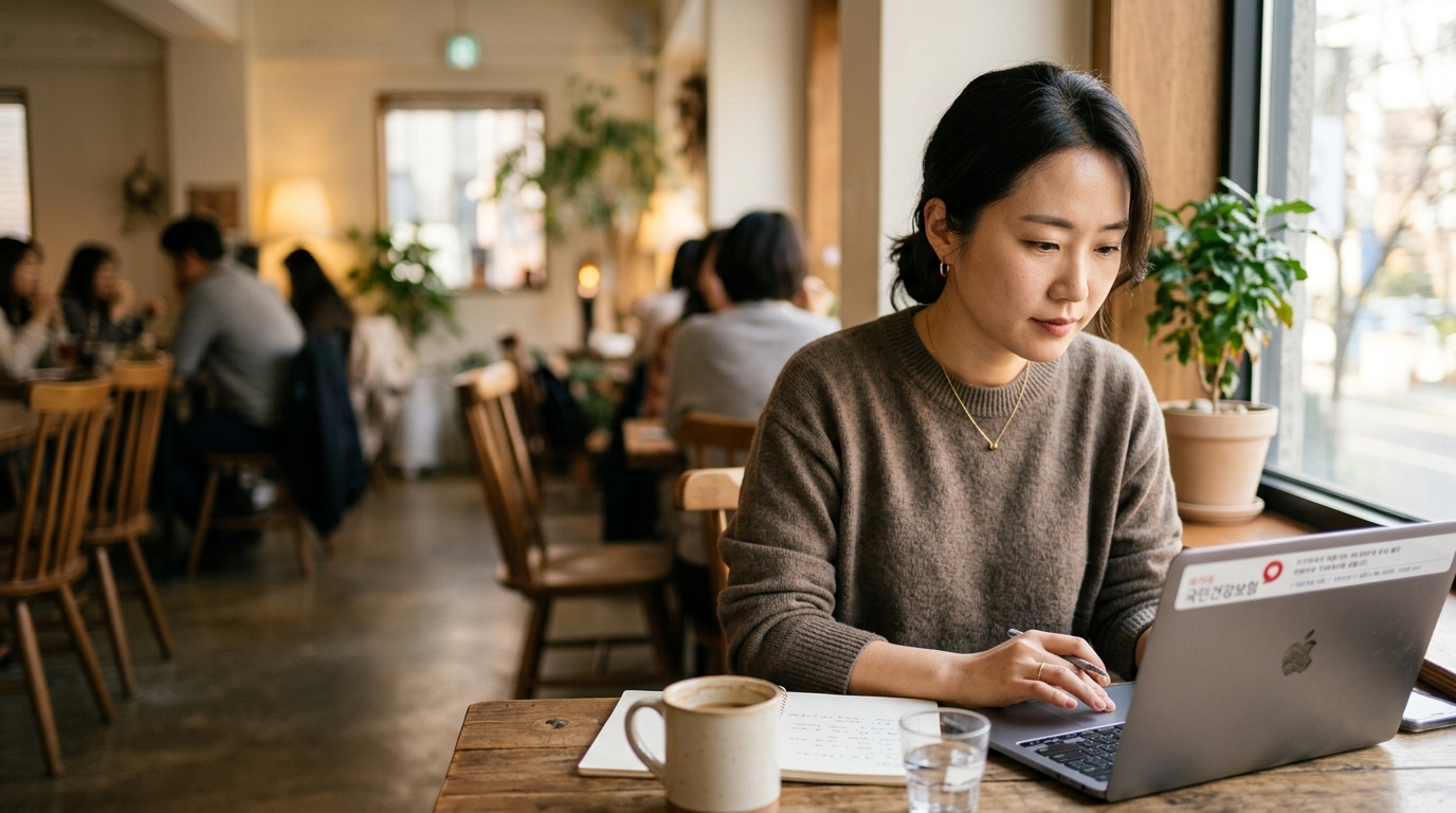 SRT 추석 예매 취소 수수료, 취소 기간과 방법 - Korean woman using a smartphone to book a train ticket, sitting at a cafe, focused expression, realistic style photo